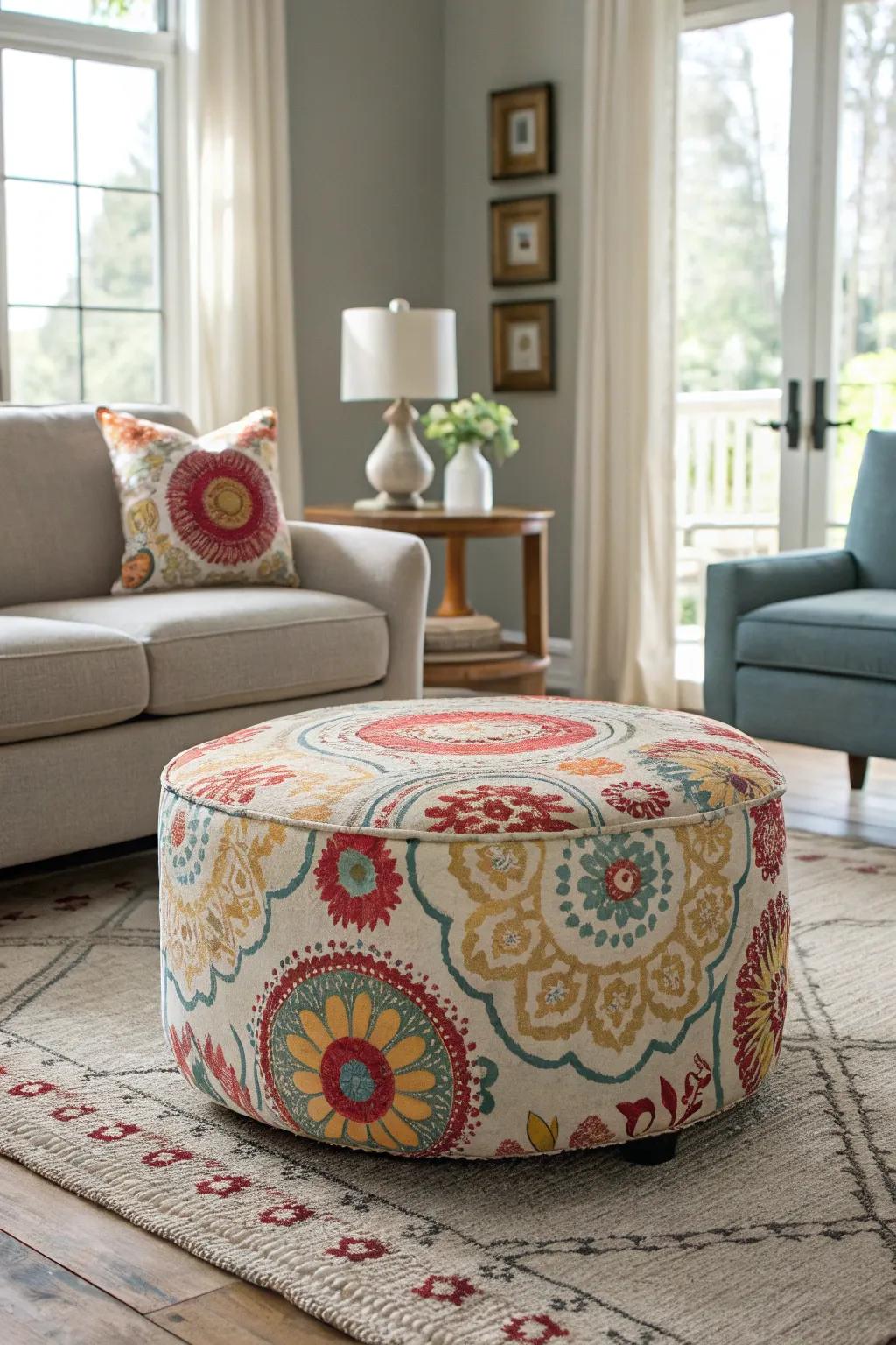 This neutral living area is enlivened by a vibrant ottoman.