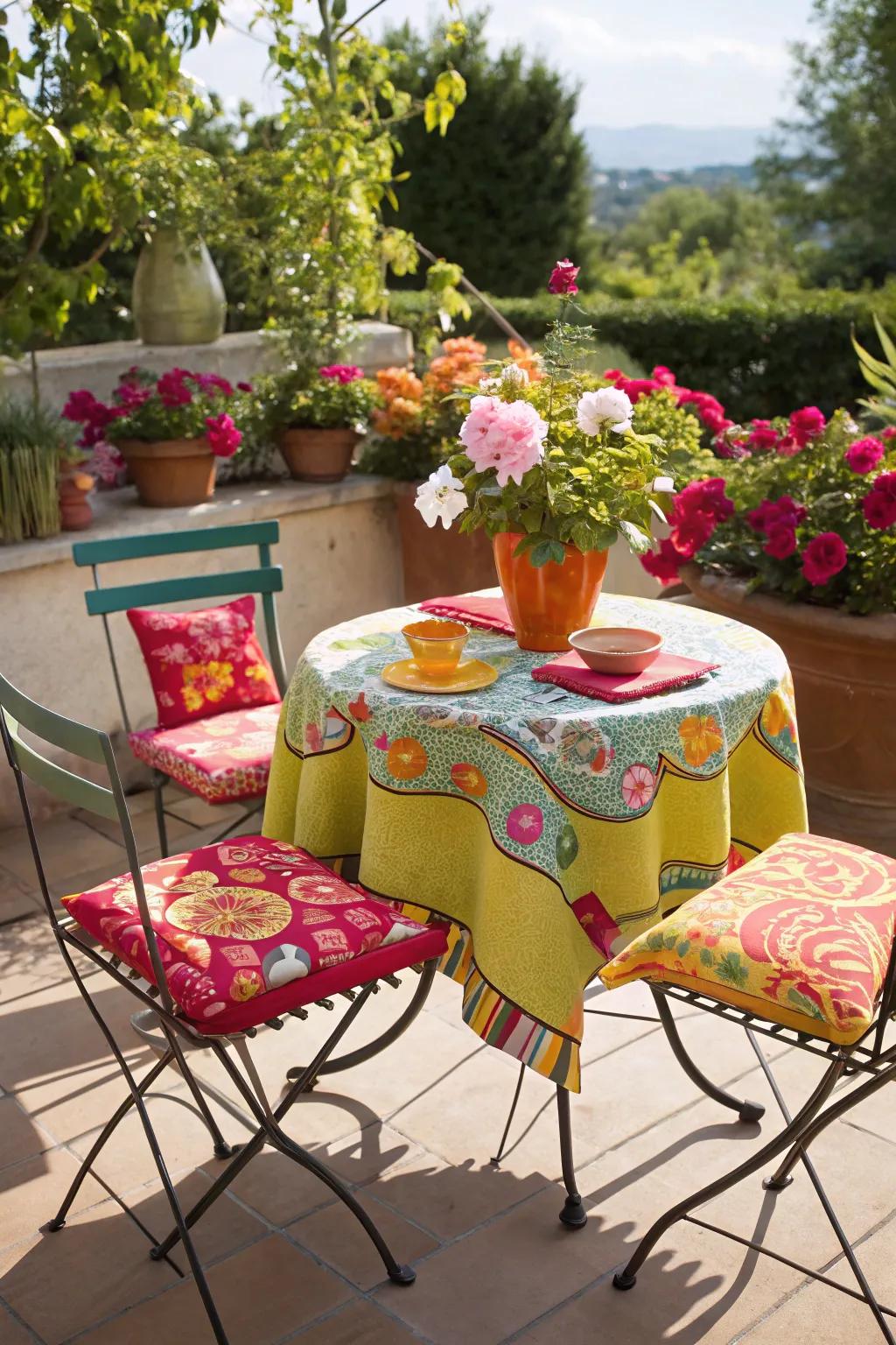 Brighten your patio with a dynamic arrangement of vividly colored seating options.