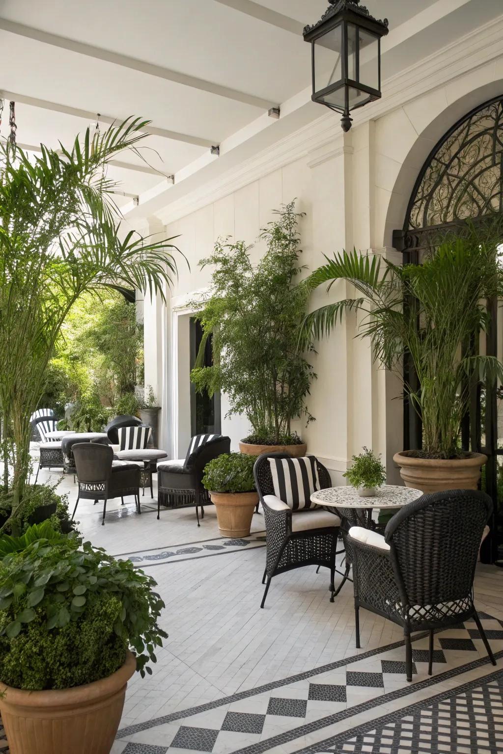 A lively patio where verdant foliage beautifully complements the black and white decor.