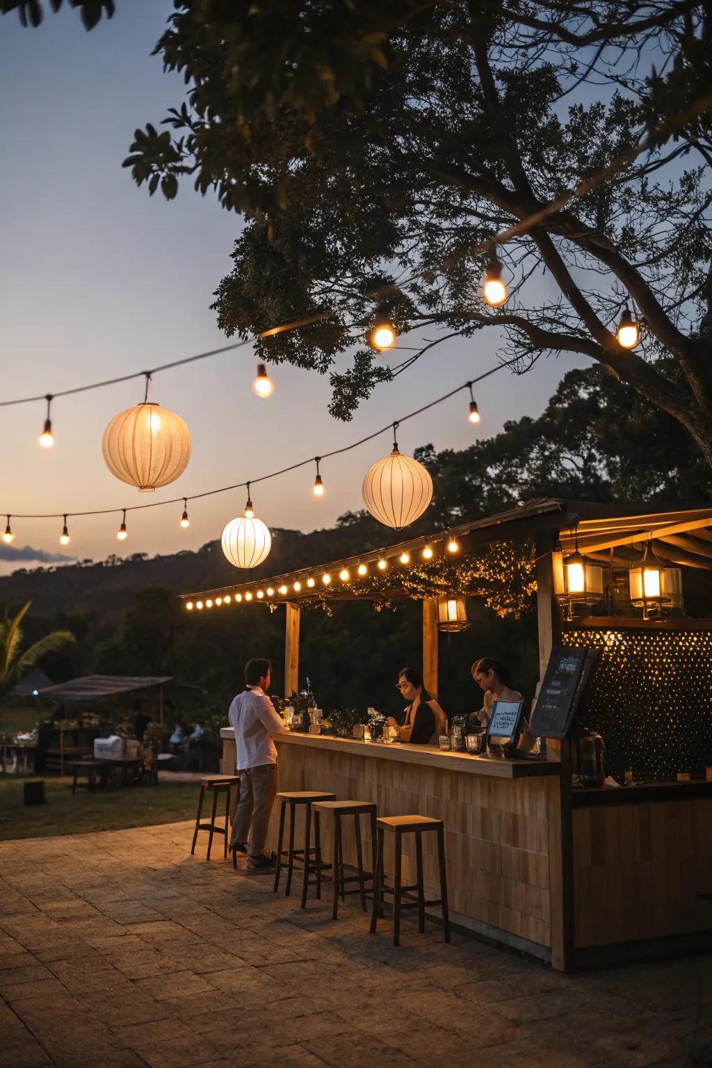 A coffee bar glowing with decorative lighting, ideal for evening enjoyment.
