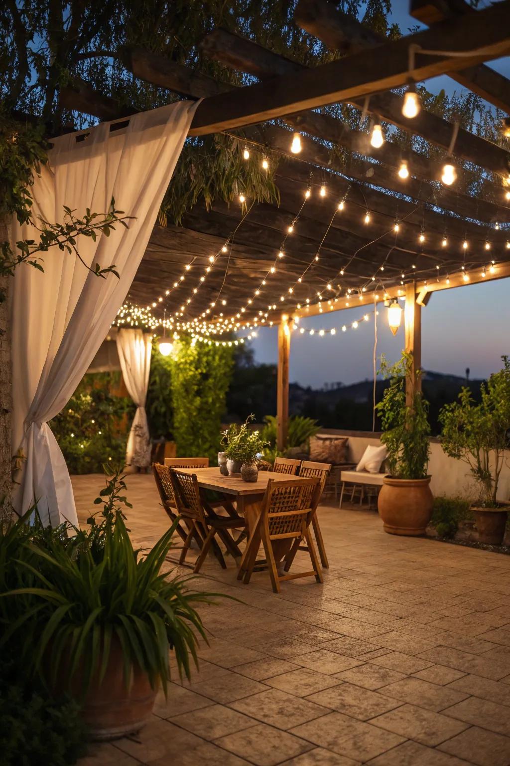 Twinkle lights introduce a magical touch to outdoor evenings.