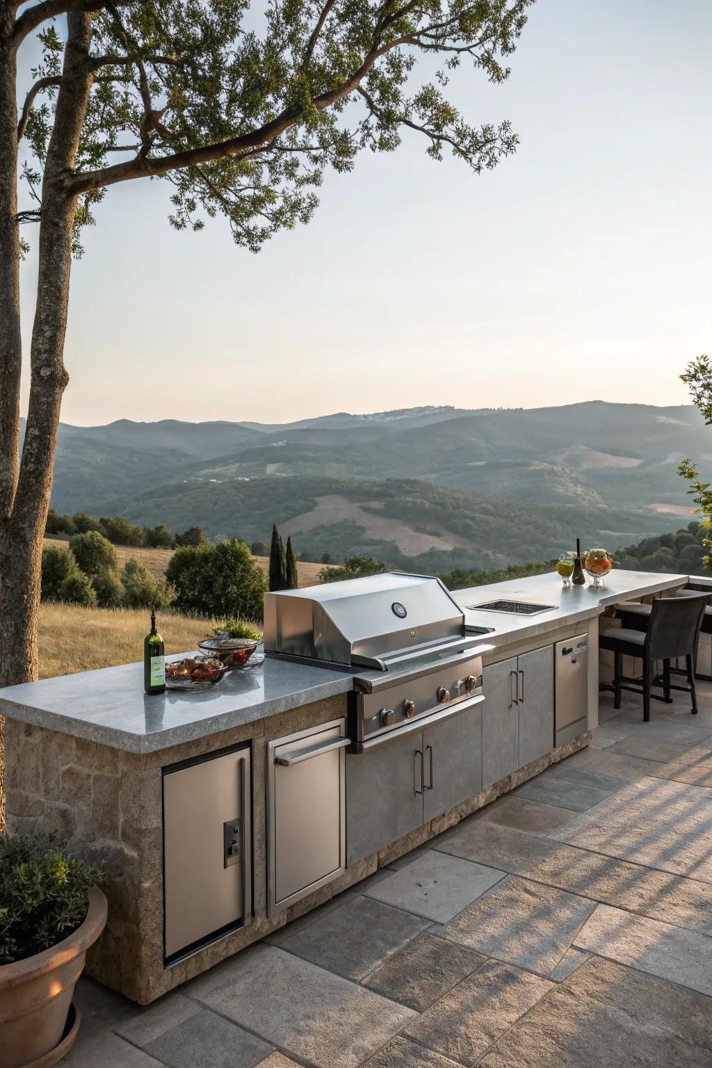 A cooking station carefully situated to show stunning views of a peaceful setting.
