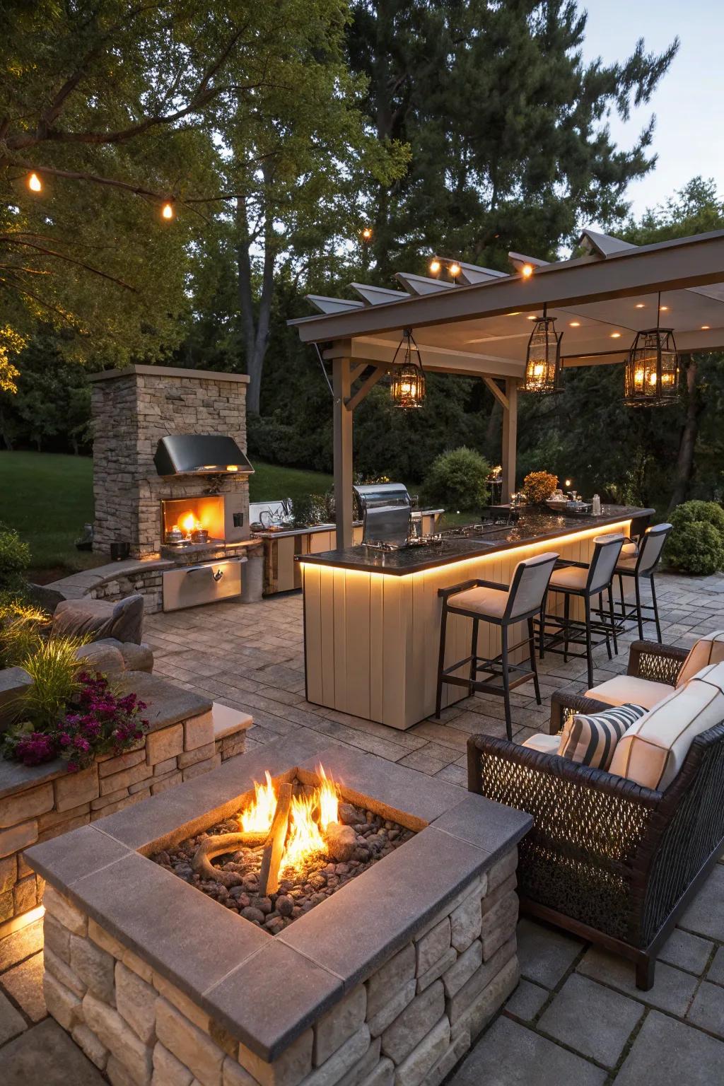 An outdoor kitchen bar showcasing a built-in fire pit for heat and ambiance.