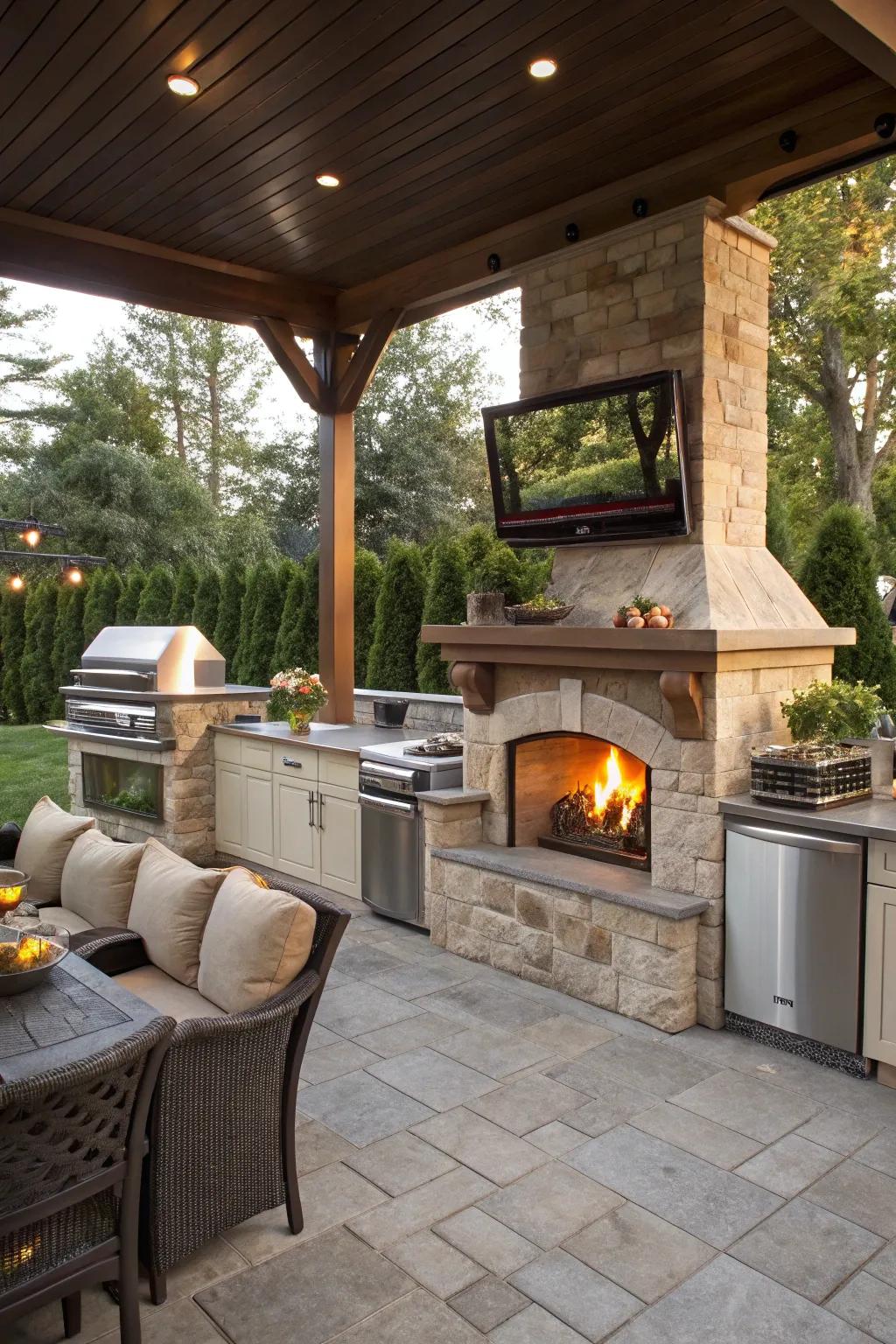 Combine warmth and entertainment using a fire pit and TV design in your outdoor cooking area.