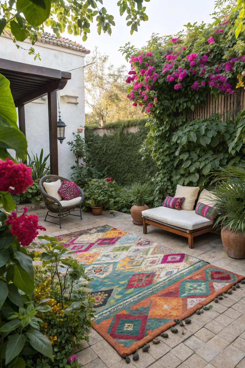 An outdoor carpet infuses color and specifies your seating zone.