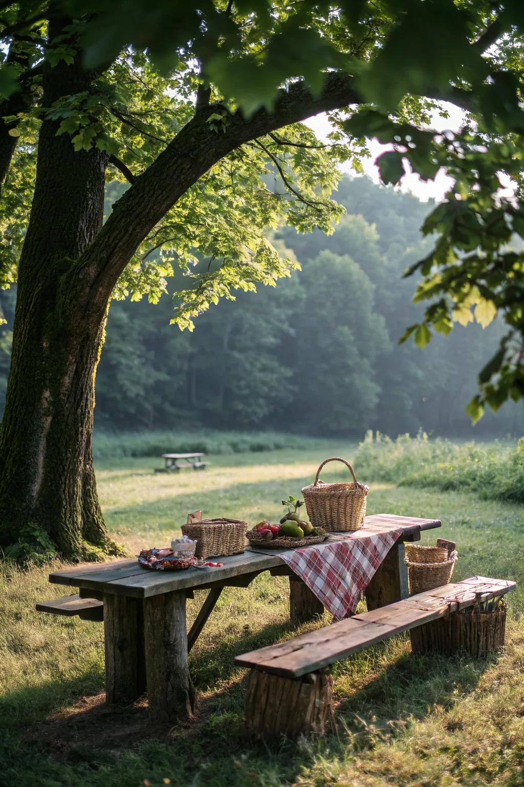 Tree trunk tables blend seamlessly with nature.