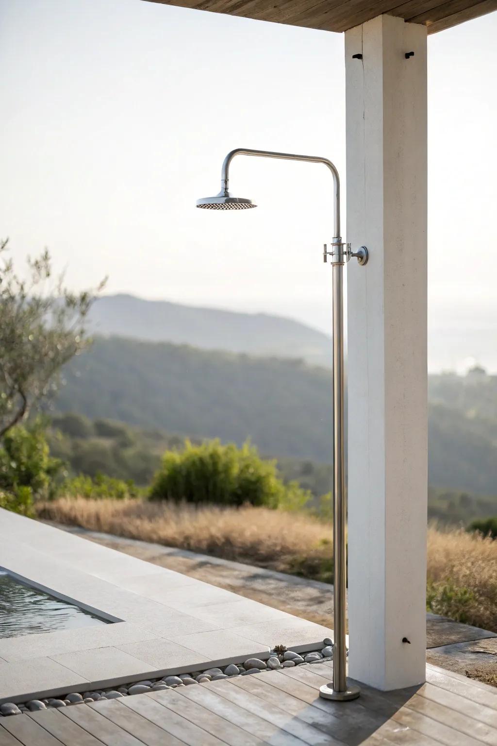 A minimalist outdoor shower showcasing simple, uncluttered lines.