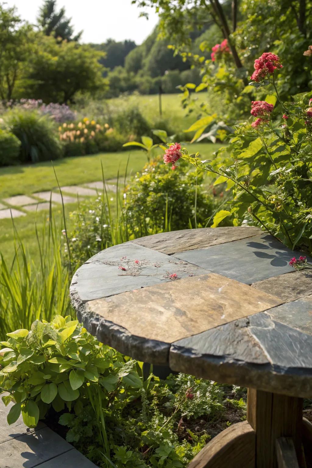 Slate table tops provide an earthy and natural element to outdoor spaces.