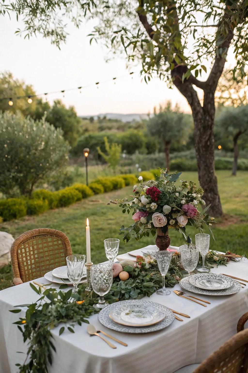 A nature-inspired table layout surrounded by verdant foliage.