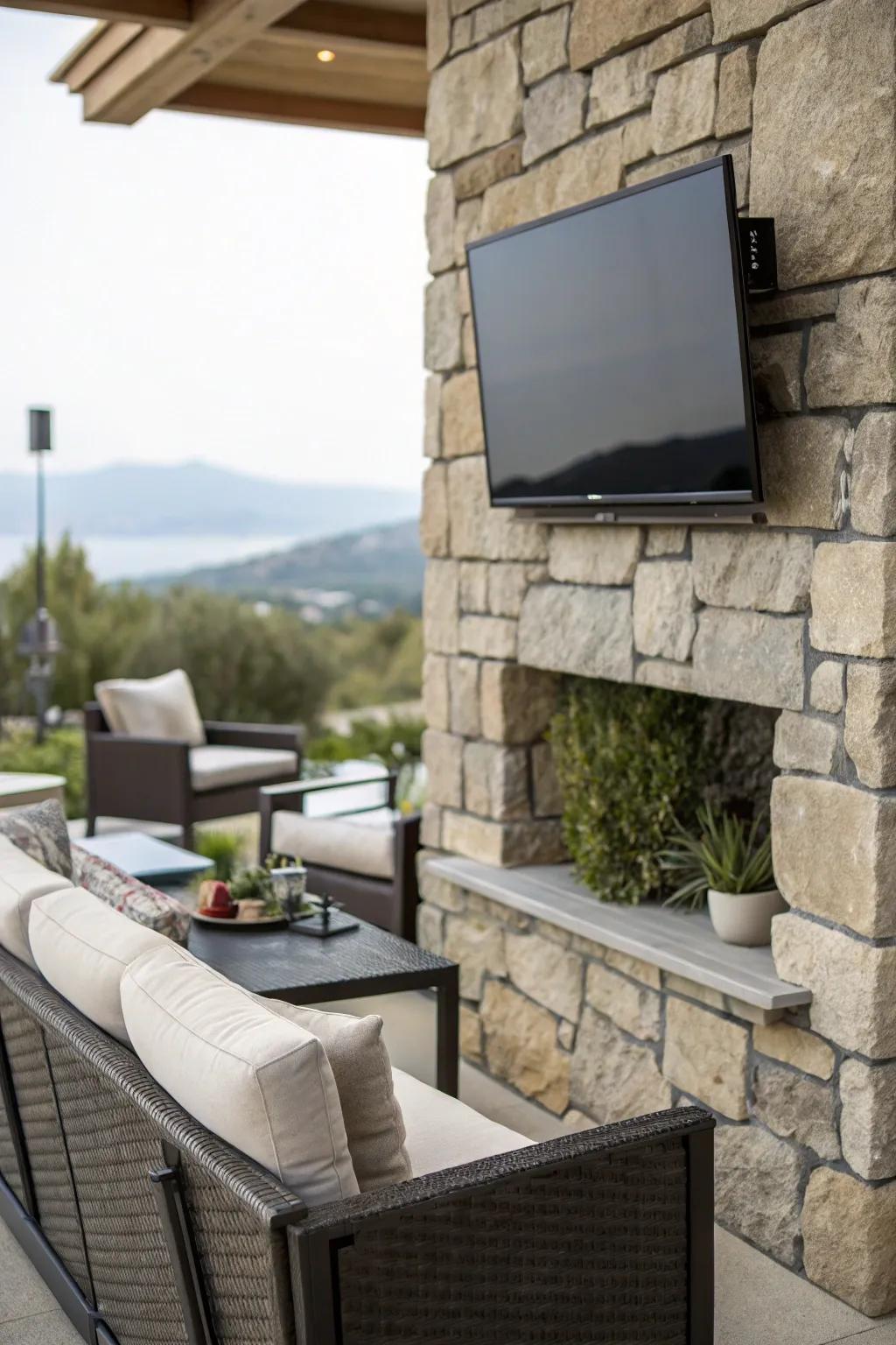 Stone-like features fashion an elegant and timeless setting for backyard viewing.