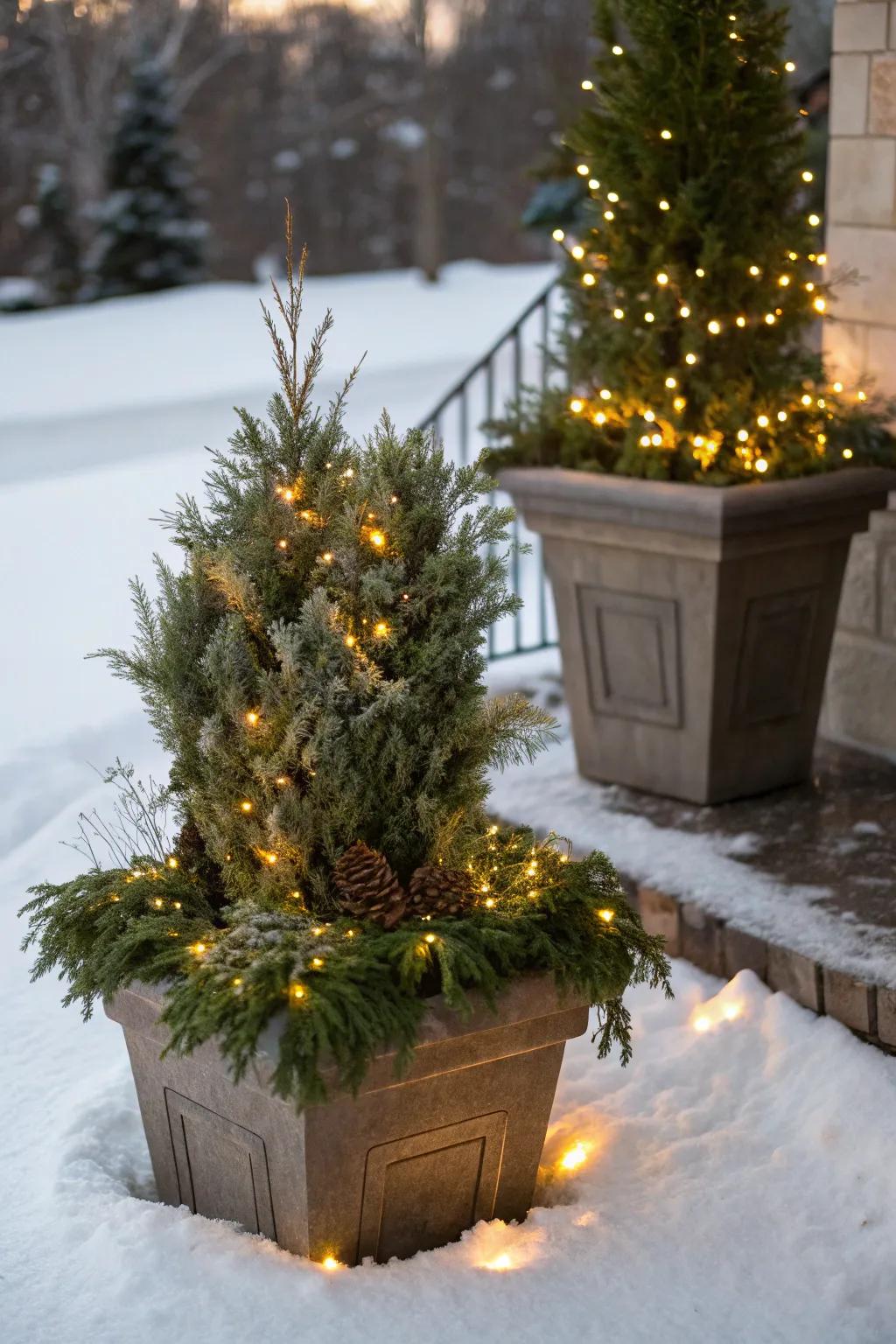 Shimmering lights contribute warmth and enchantment to winter planters.