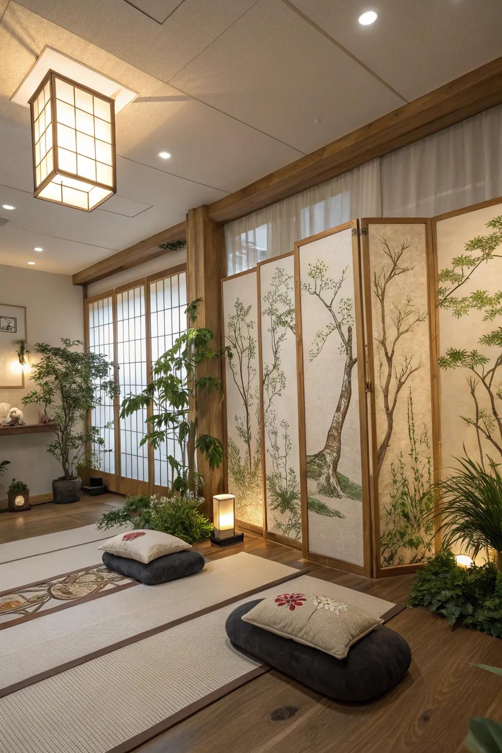 Peaceful space with natural element boards for a Zen vibe.