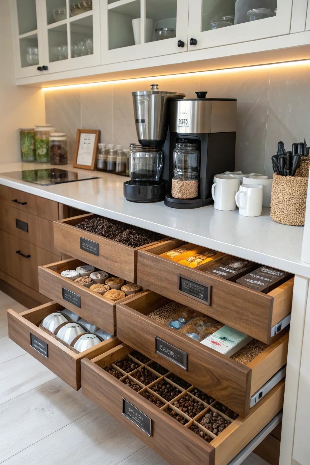 Sliding drawers allow accessing your coffee items easily.