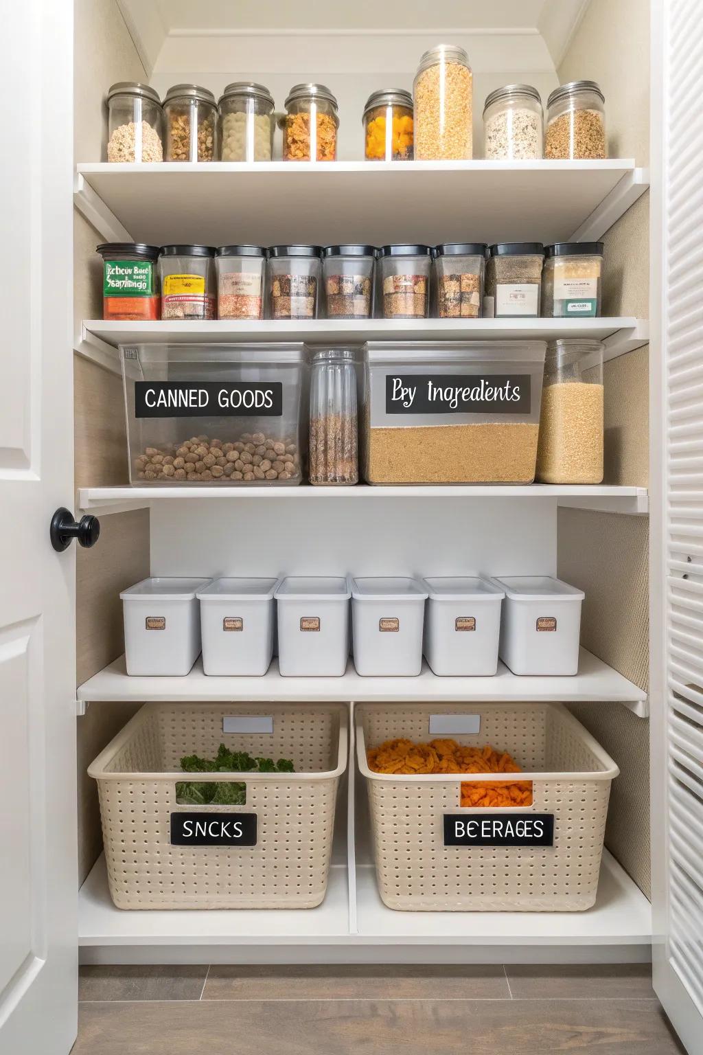 Zoned pantry with allocated sectors for various food types promotes efficient arrangement.