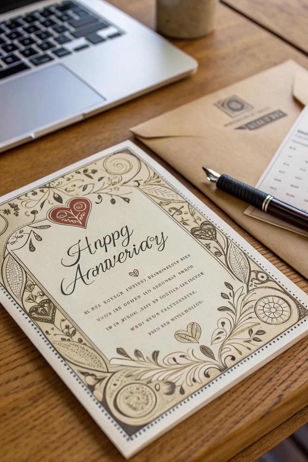 A handcrafted anniversary greeting filled with heartfelt words.