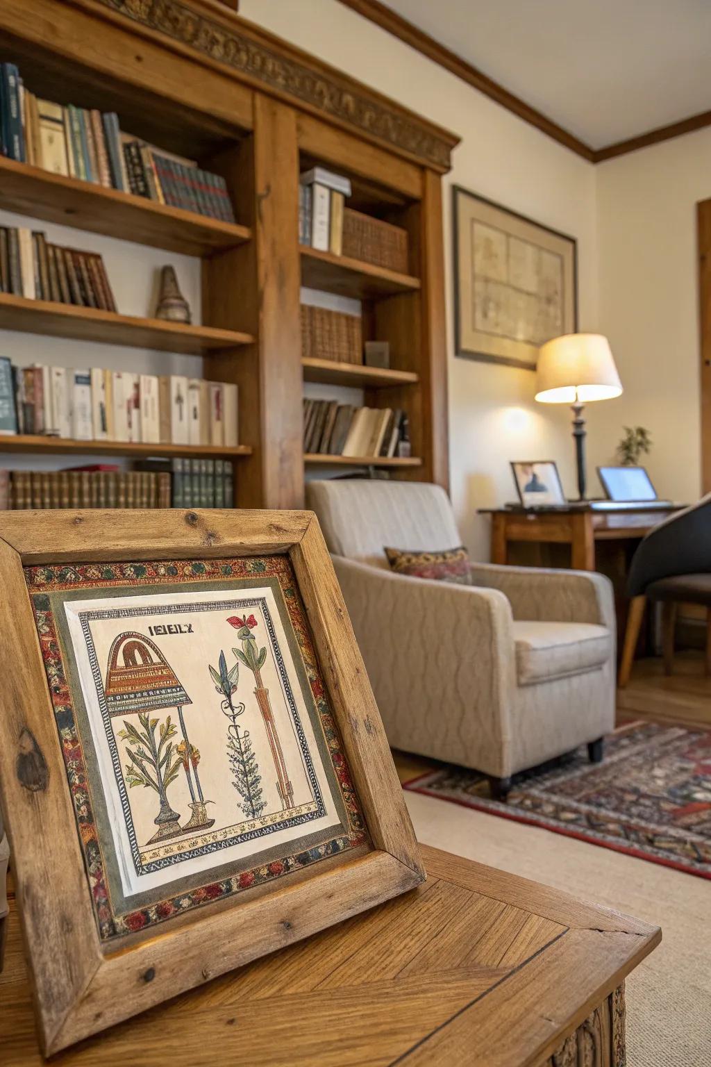 Homespun timber frames add warmth to papyrus art.