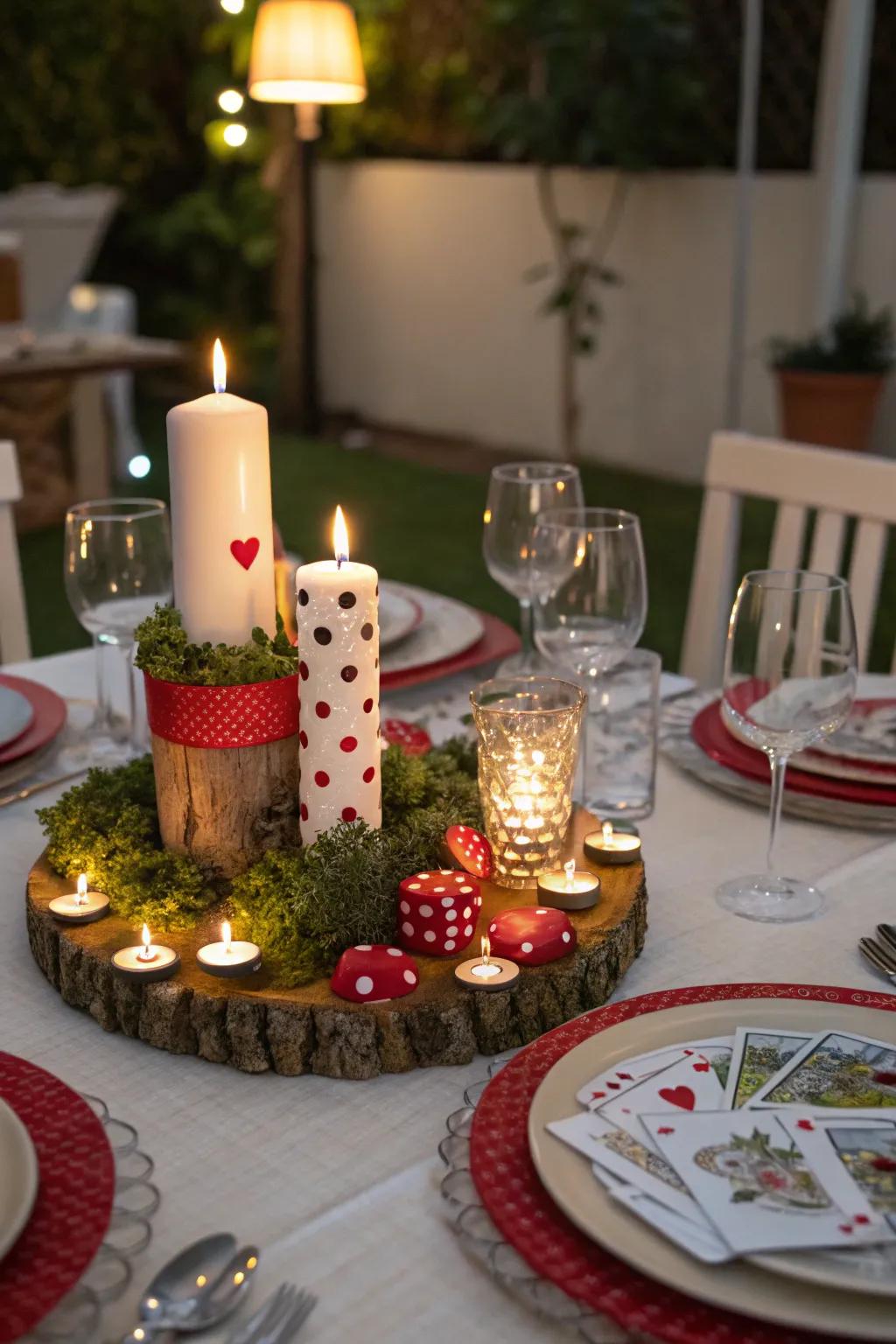 An imaginative centerpiece featuring elegant candles and carefully selected themed decorations
