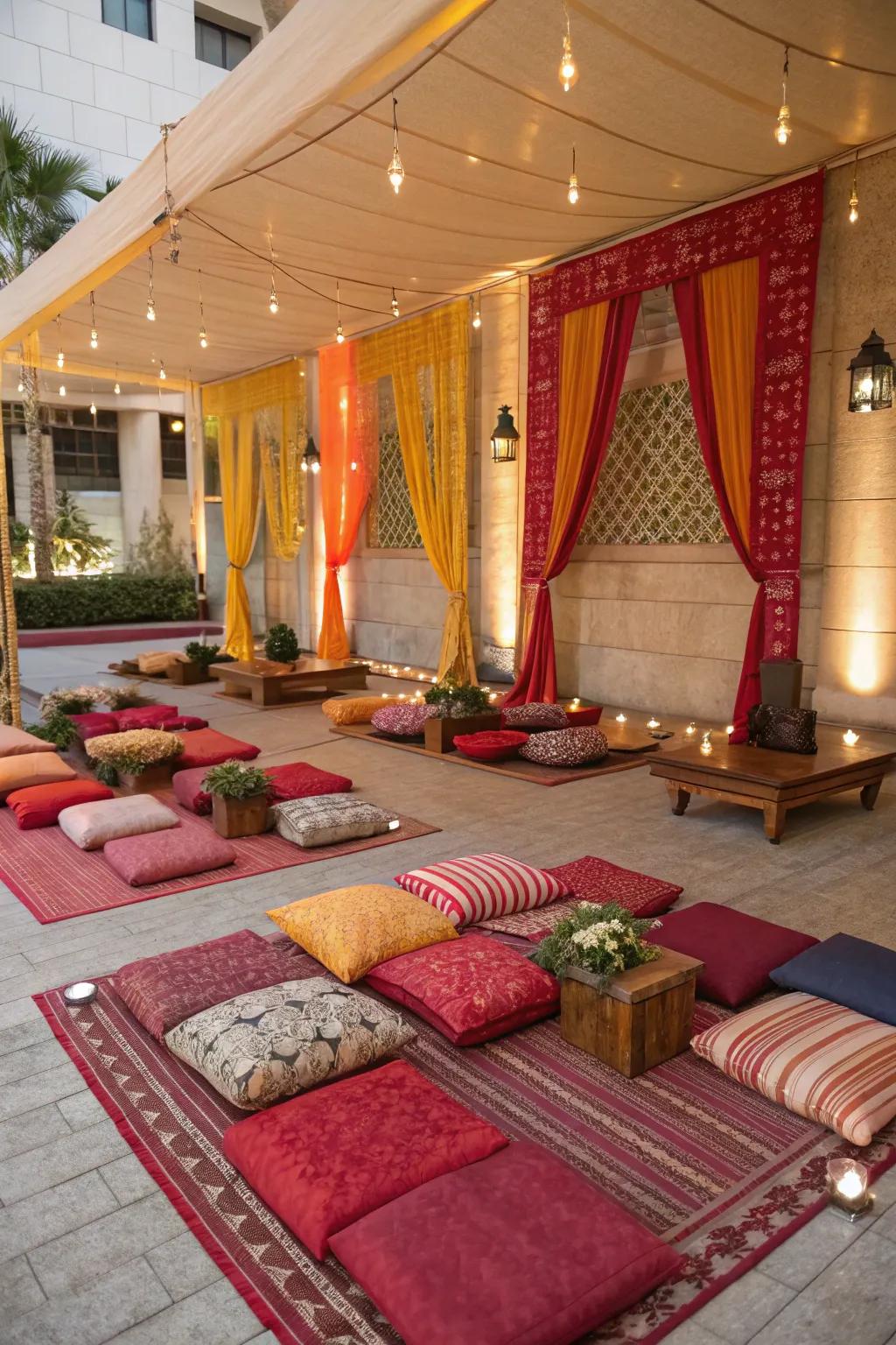 Comfortable seating arrangements with plush cushions and mats at a rice-feeding ceremony.