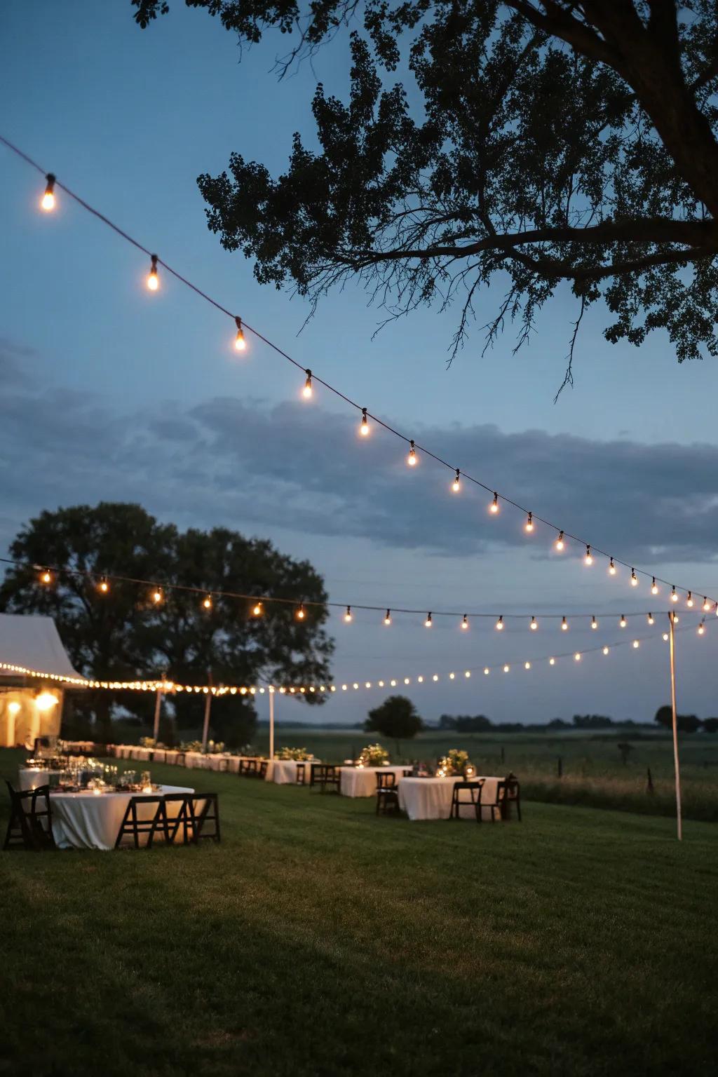 Festoon illumination introduces a magical glow to the pasture reception.
