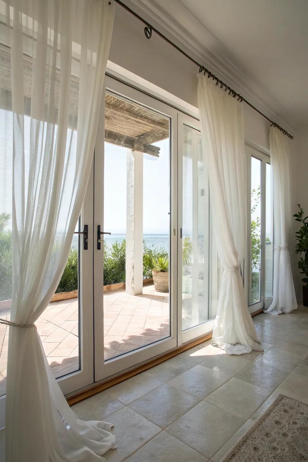 Wispy coverings grant light and seclusion with an airy sensation.