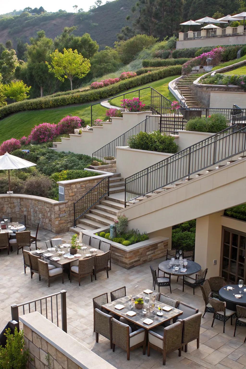 Multi-tiered patios extend assorted expanses tailored for diverse pursuits.