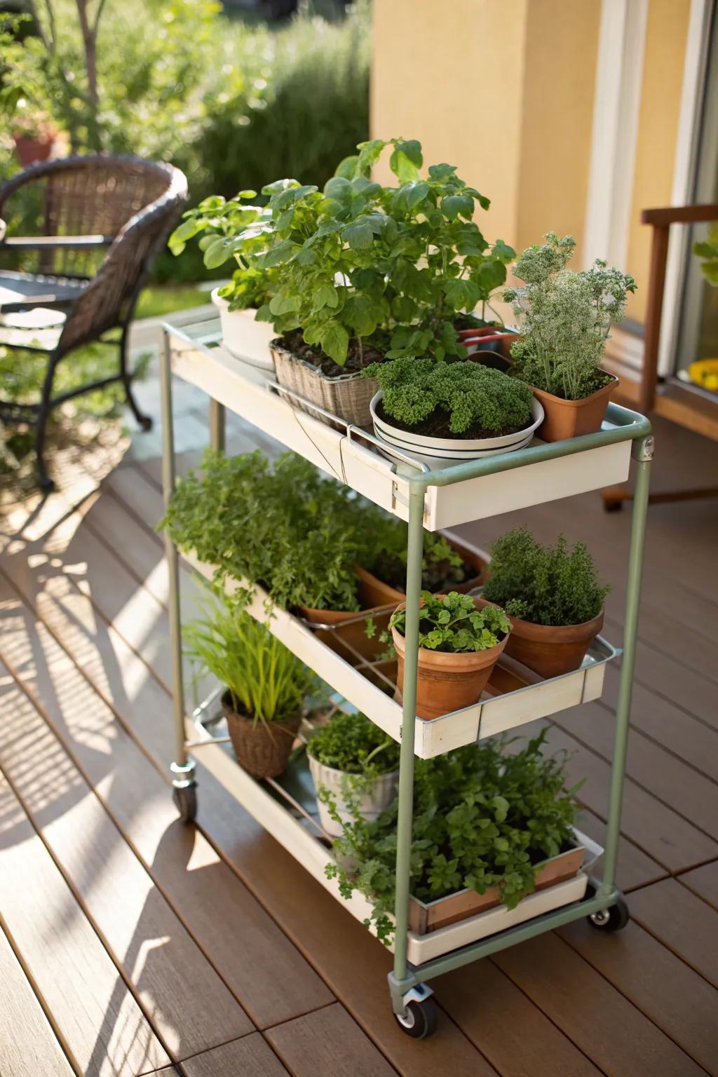 Rolling herb cart enabling versatile greenery.