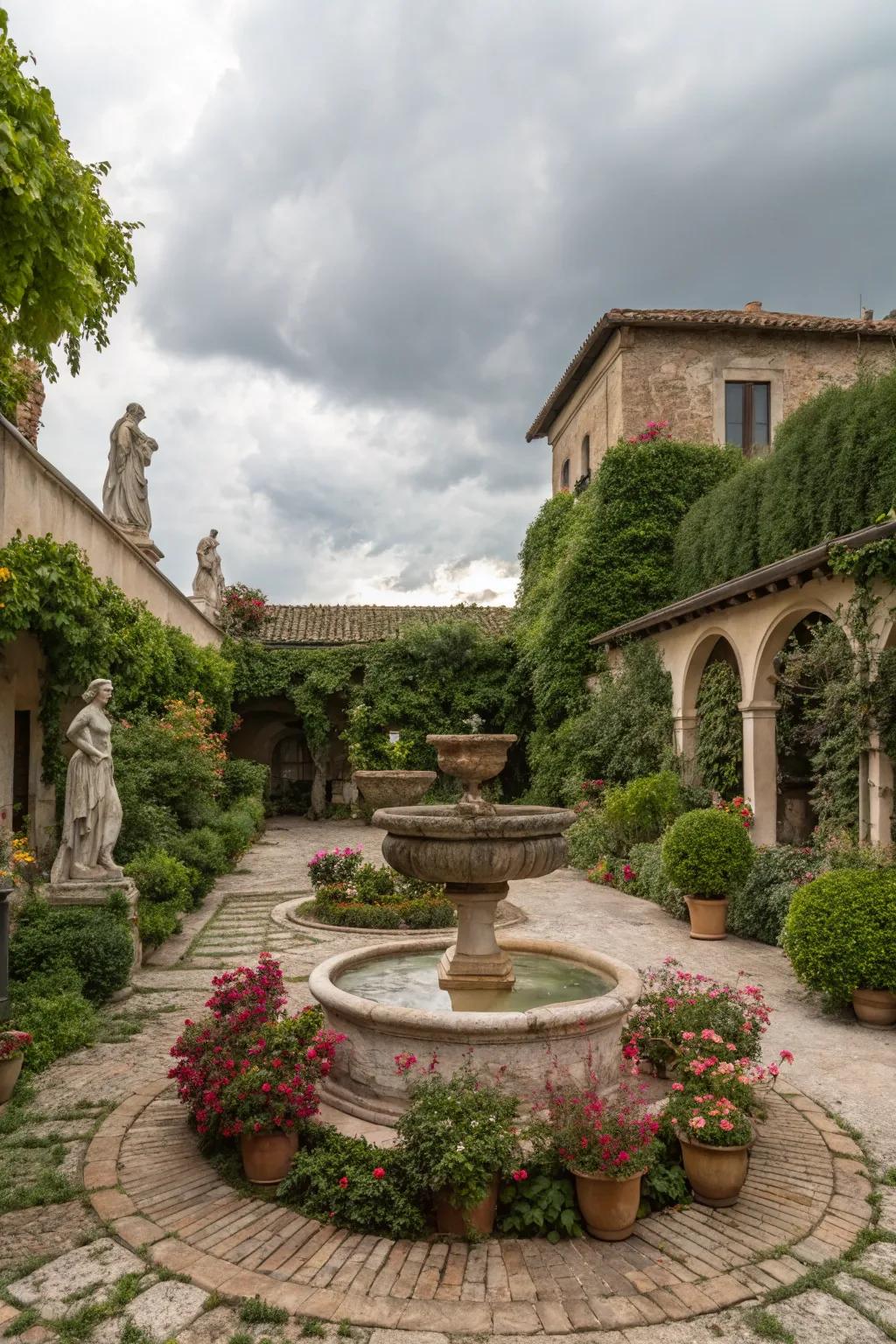 A water fountain enriches the peaceful ambiance of this courtyard.