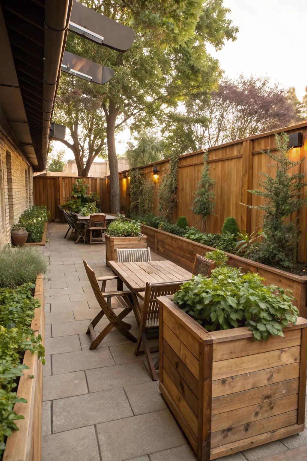 Infuse rustic charm using wooden planters on your patio.