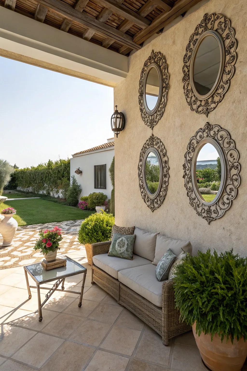 Decorative mirrors amplify light and space on the patio wall.