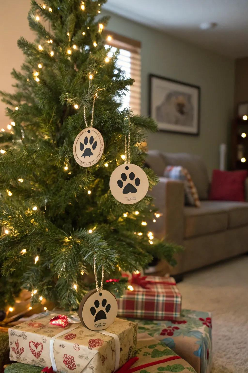 Personalized paw print decorations bringing charm to a Christmas tree.