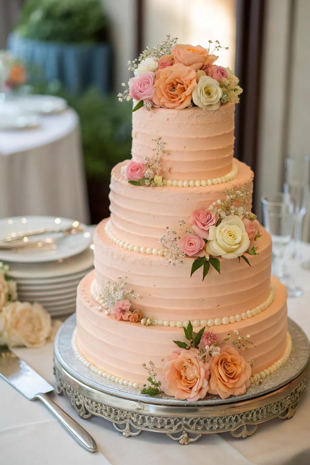 Exquisite apricot-layered nuptial confection that delights both visuals and palates.