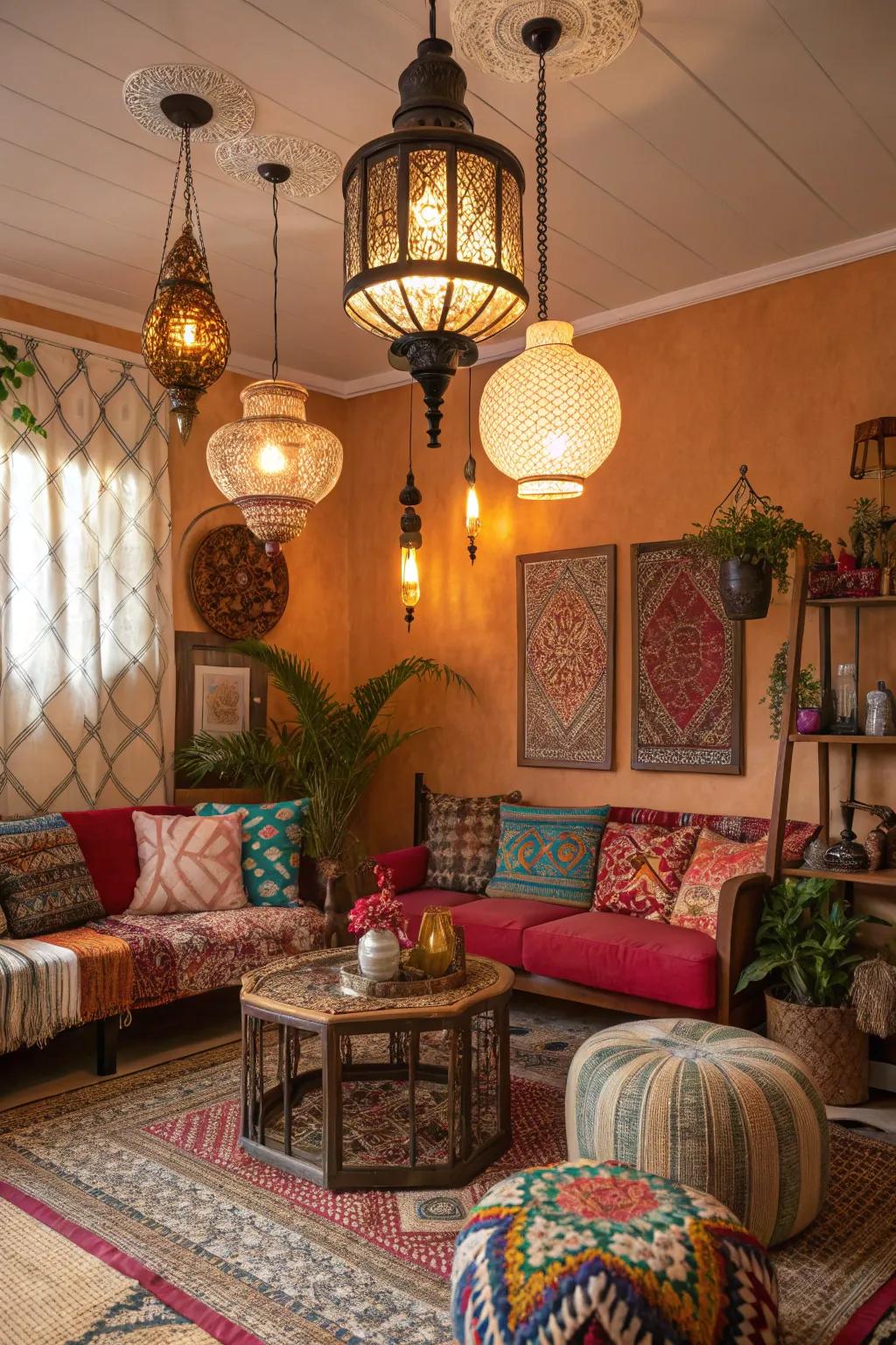 Bohemian pendants bestow whimsy and chromatic vibrancy upon any expanse.