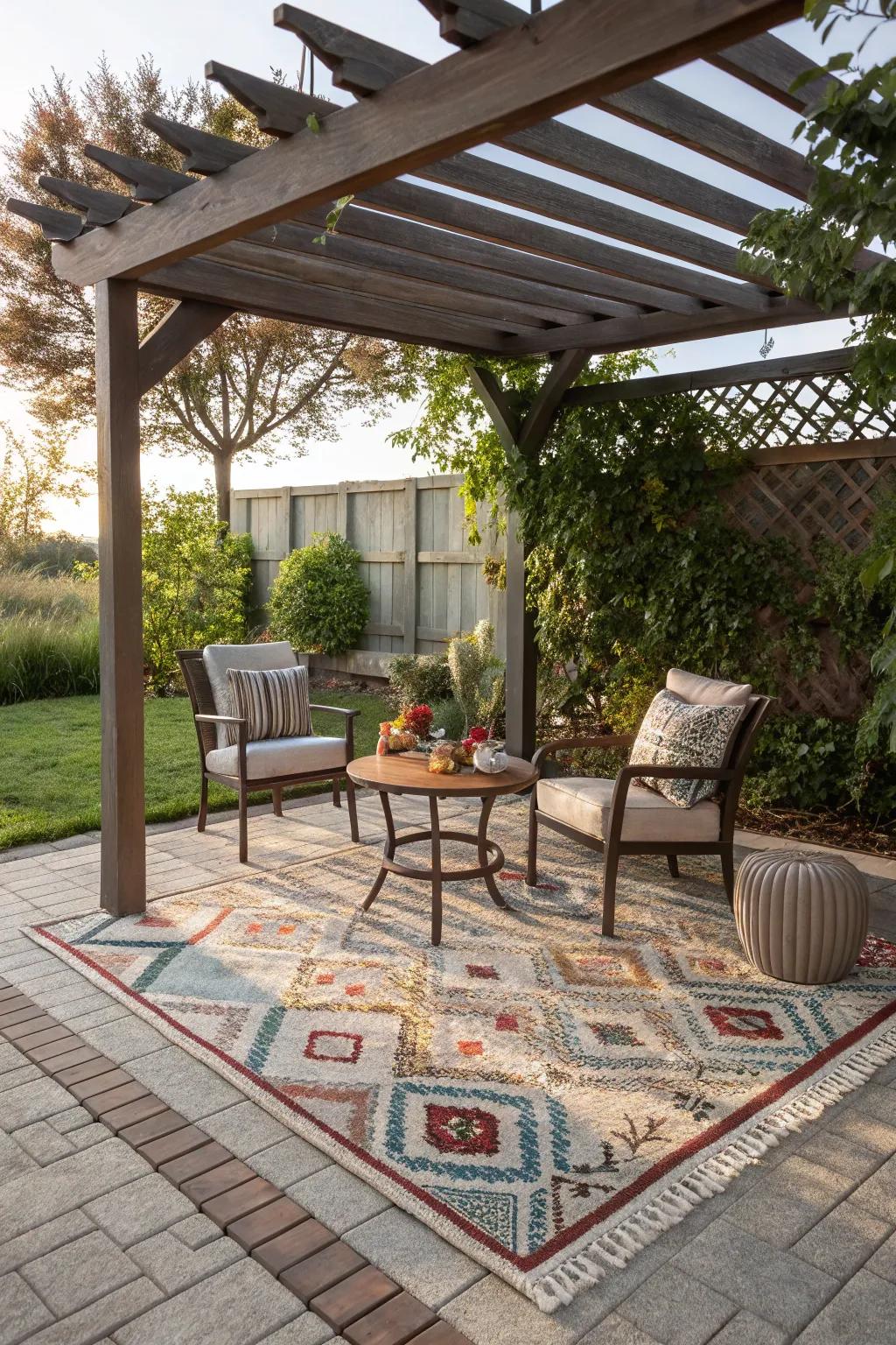 Open-air rugs incorporate comfort and panache, defining your pergola's habitable zone.