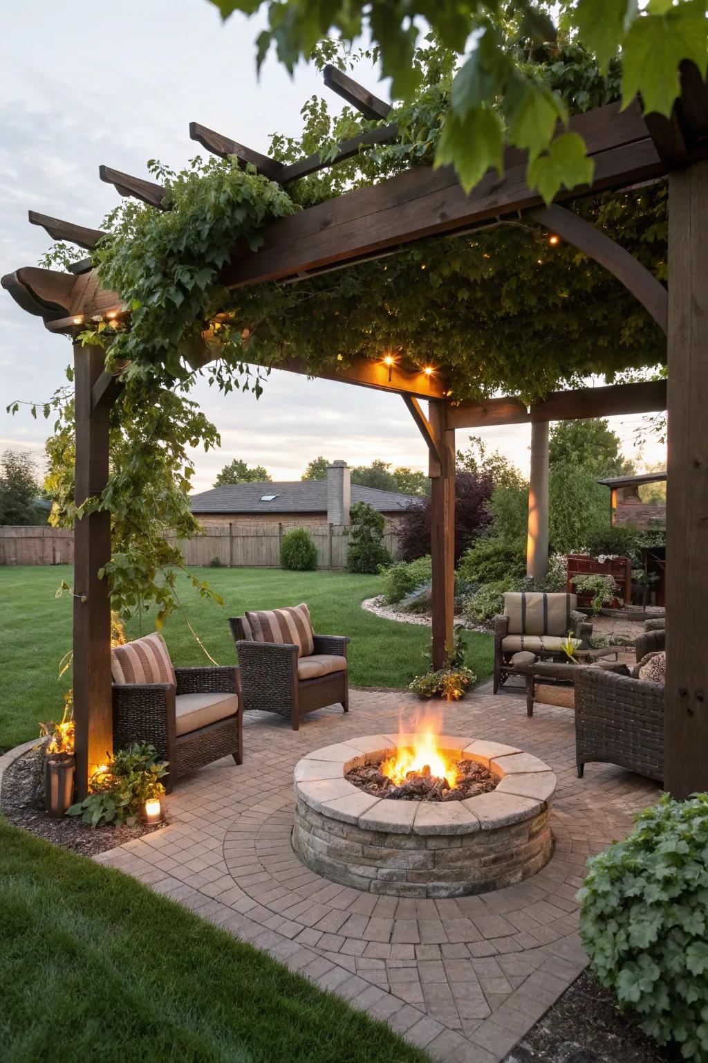 A bonfire pit under your pergola crafts a cozy meeting place.