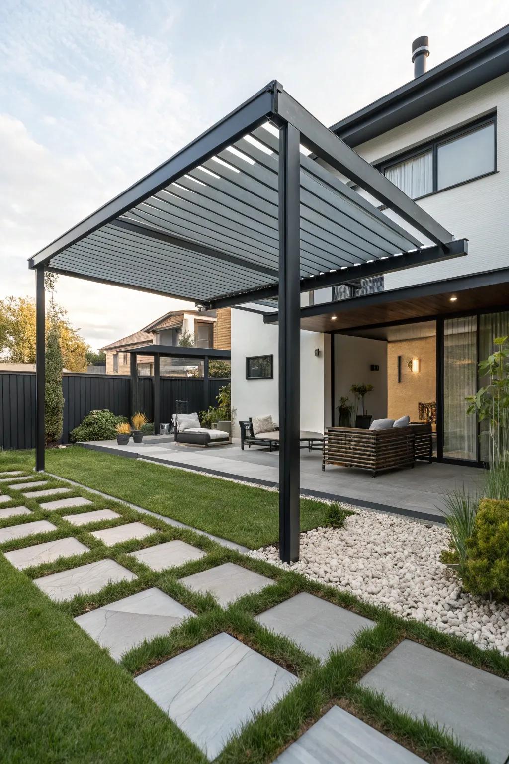 Style and durability meet with a metal pergola roof.