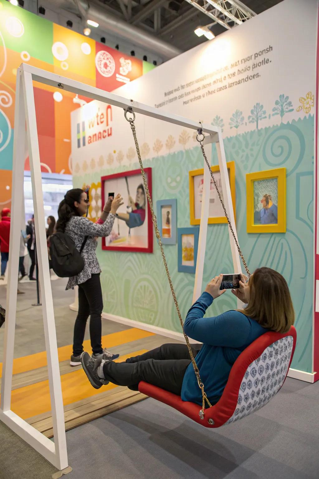 A dynamic photo wall featuring a swinging lounge and a gallery of portraiture, fostering inspired poses.