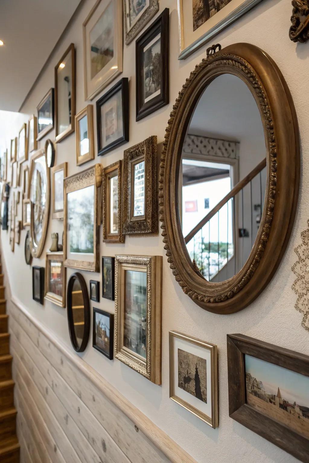 A picture wall integrates mirrors to enhance depth.