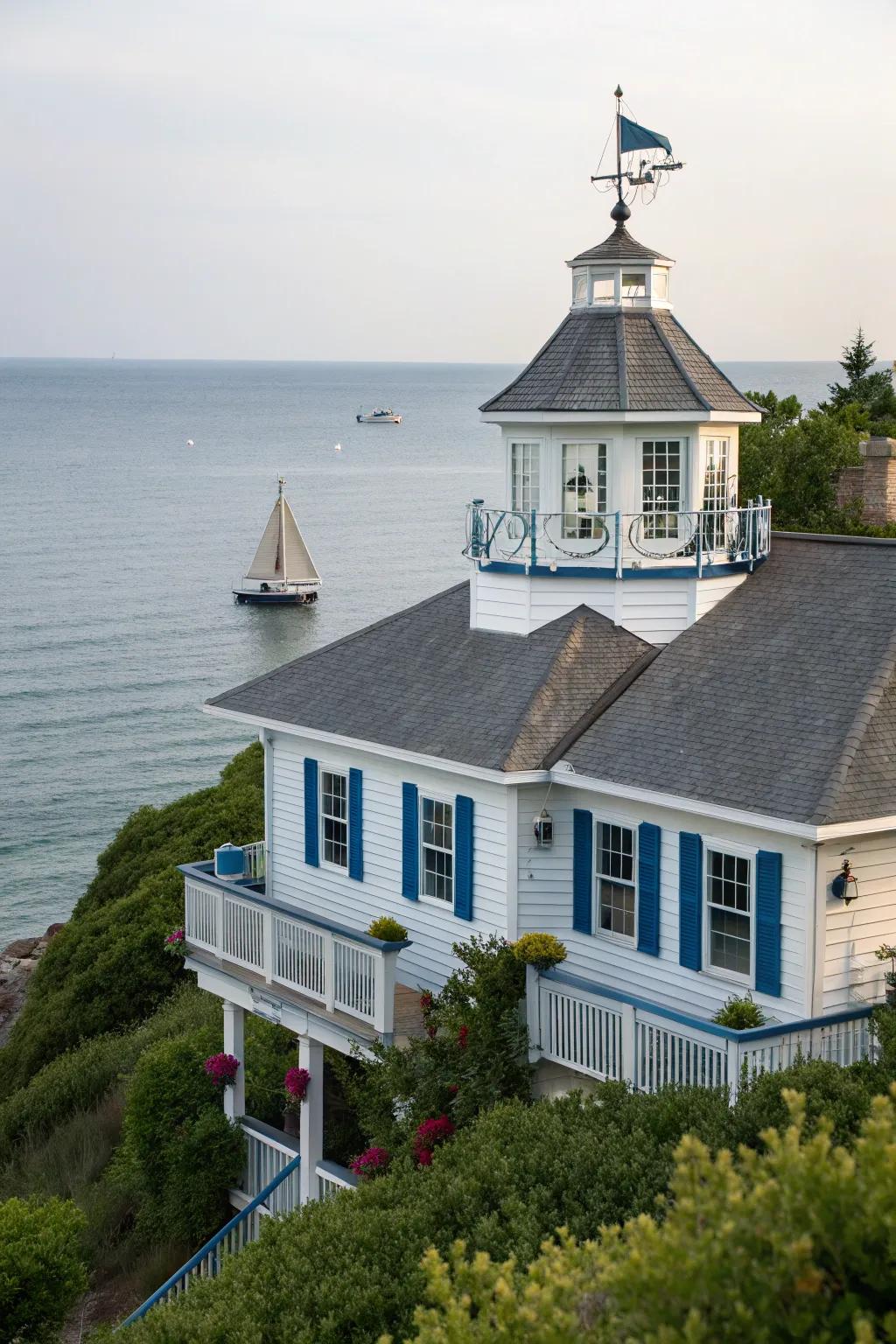 A seaside sanctuary ornamented with a maritime-themed cupola.