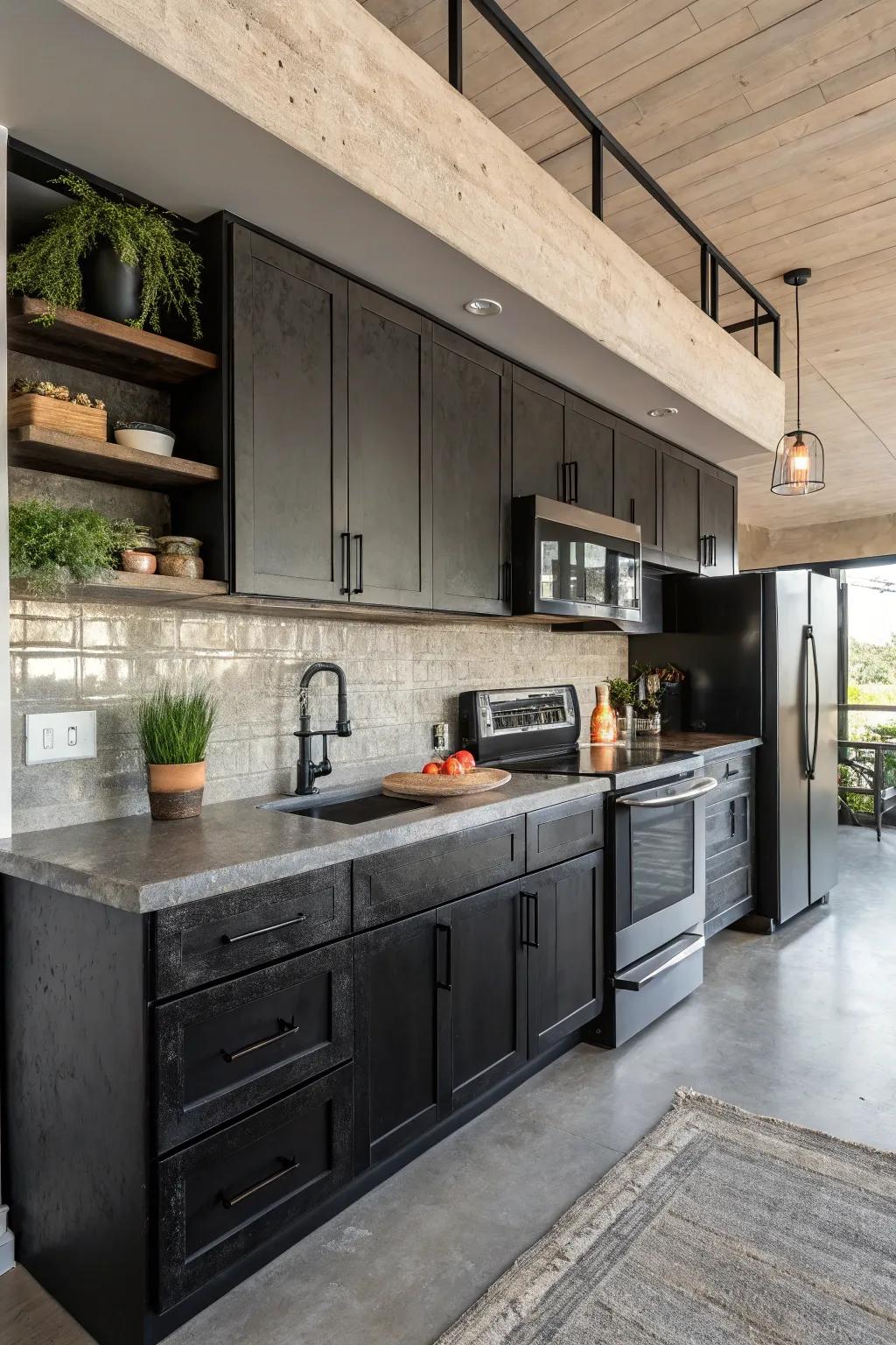 Concrete and dark appliances create an urban yet modern kitchen.