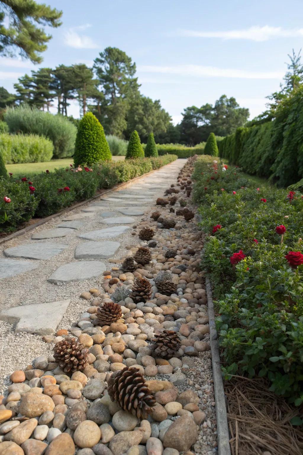 Pinecones combined with stones result in a dynamic landscape.