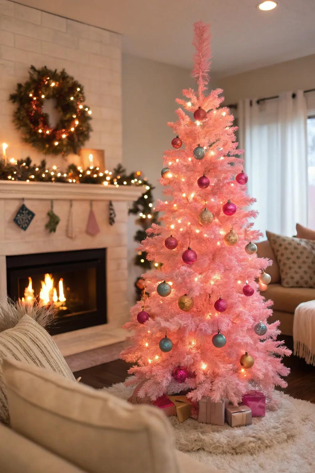 A snug location by the hearth accentuates this rosy Christmas tree.