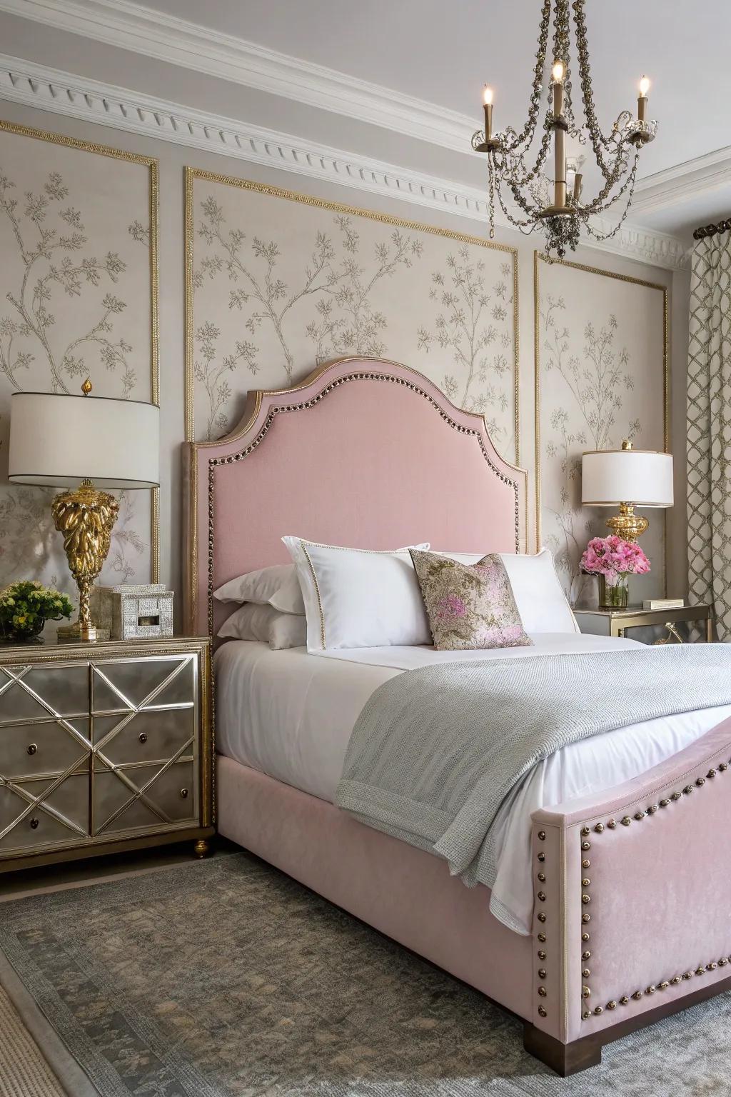 A timelessly chic room with a rosy headboard with decorative tack trim.