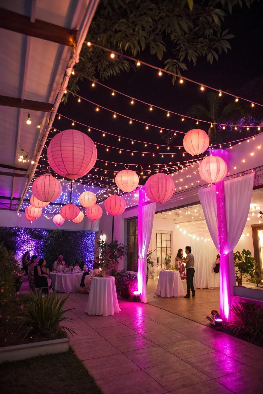 Gentle rosy lighting casts a magical glow over the celebration.