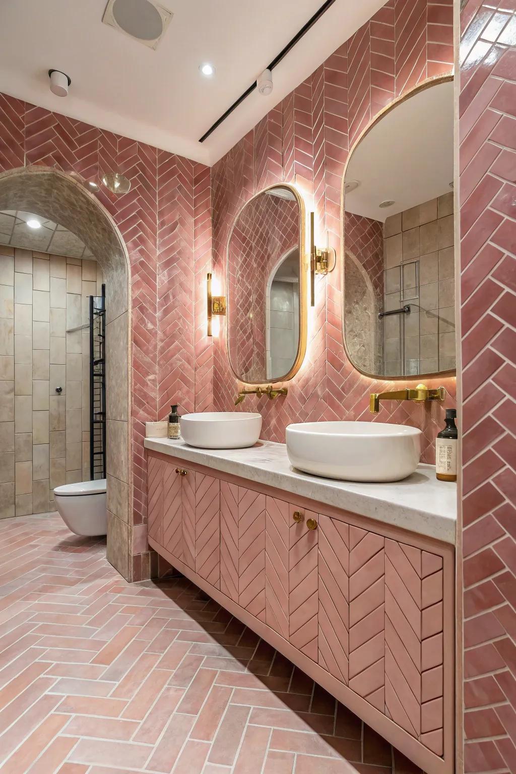 A pink tile bathroom with a cool herringbone design.