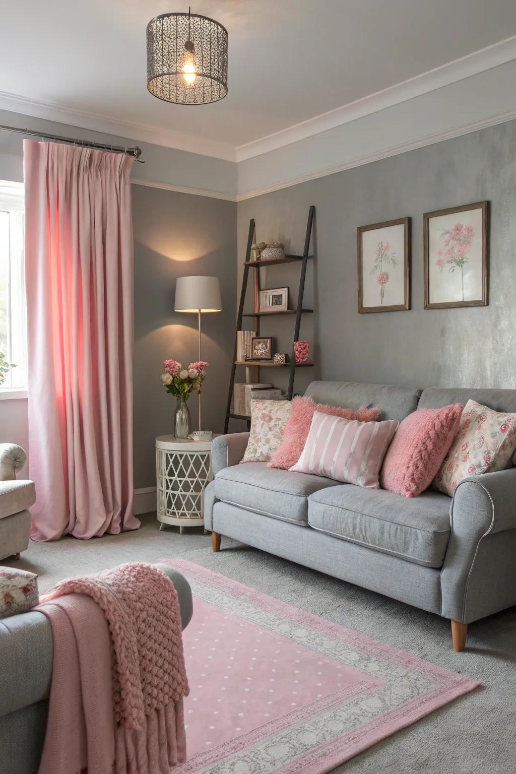 Pastel colors delicately enhancing grey interiors.