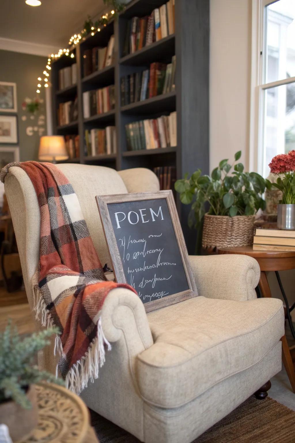 A chalkboard poetry spot introduces a vibrant literary component to your dwelling.