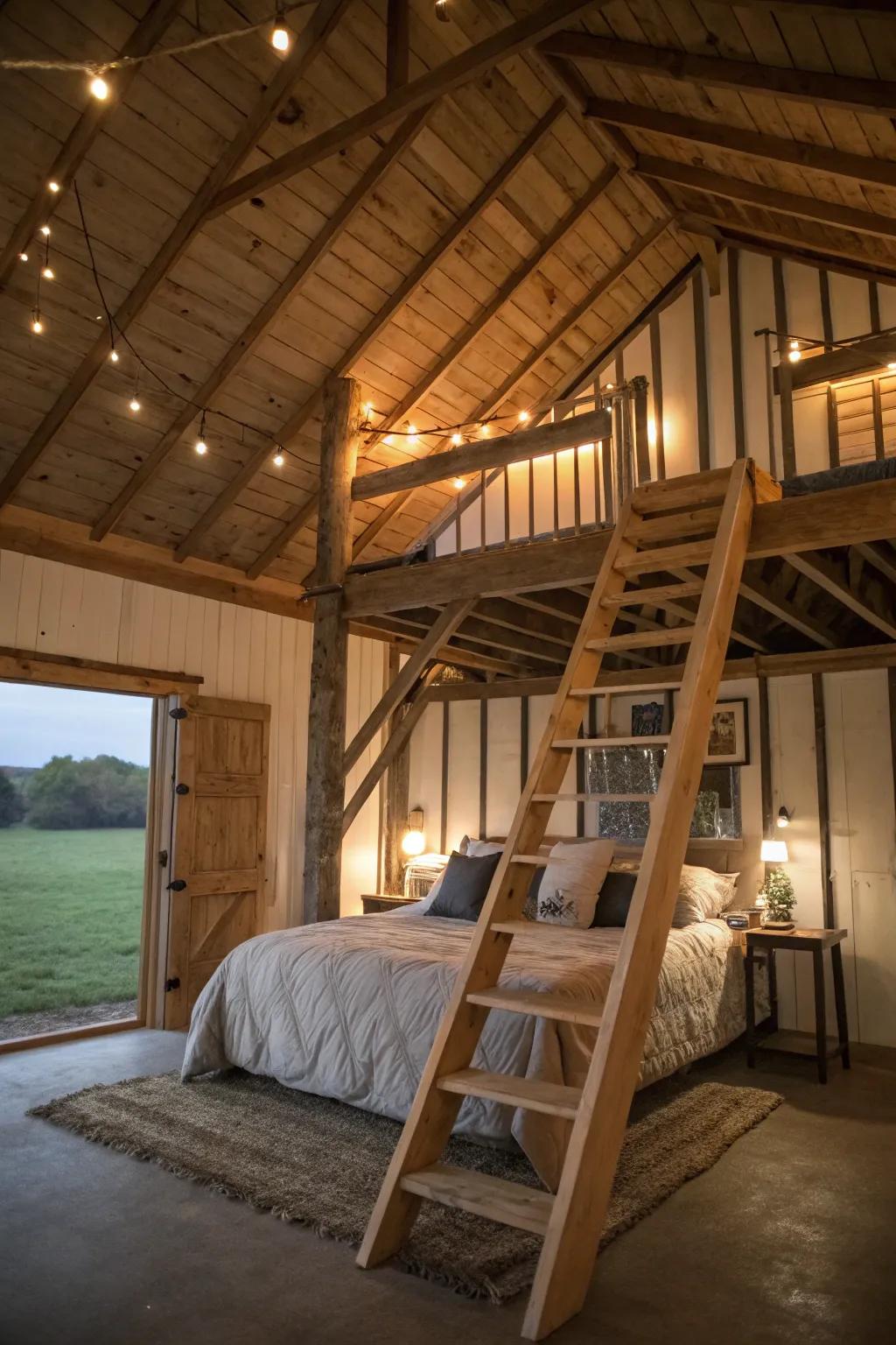 Incorporate a cozy loft bedroom into your pole barn for a relaxing getaway.