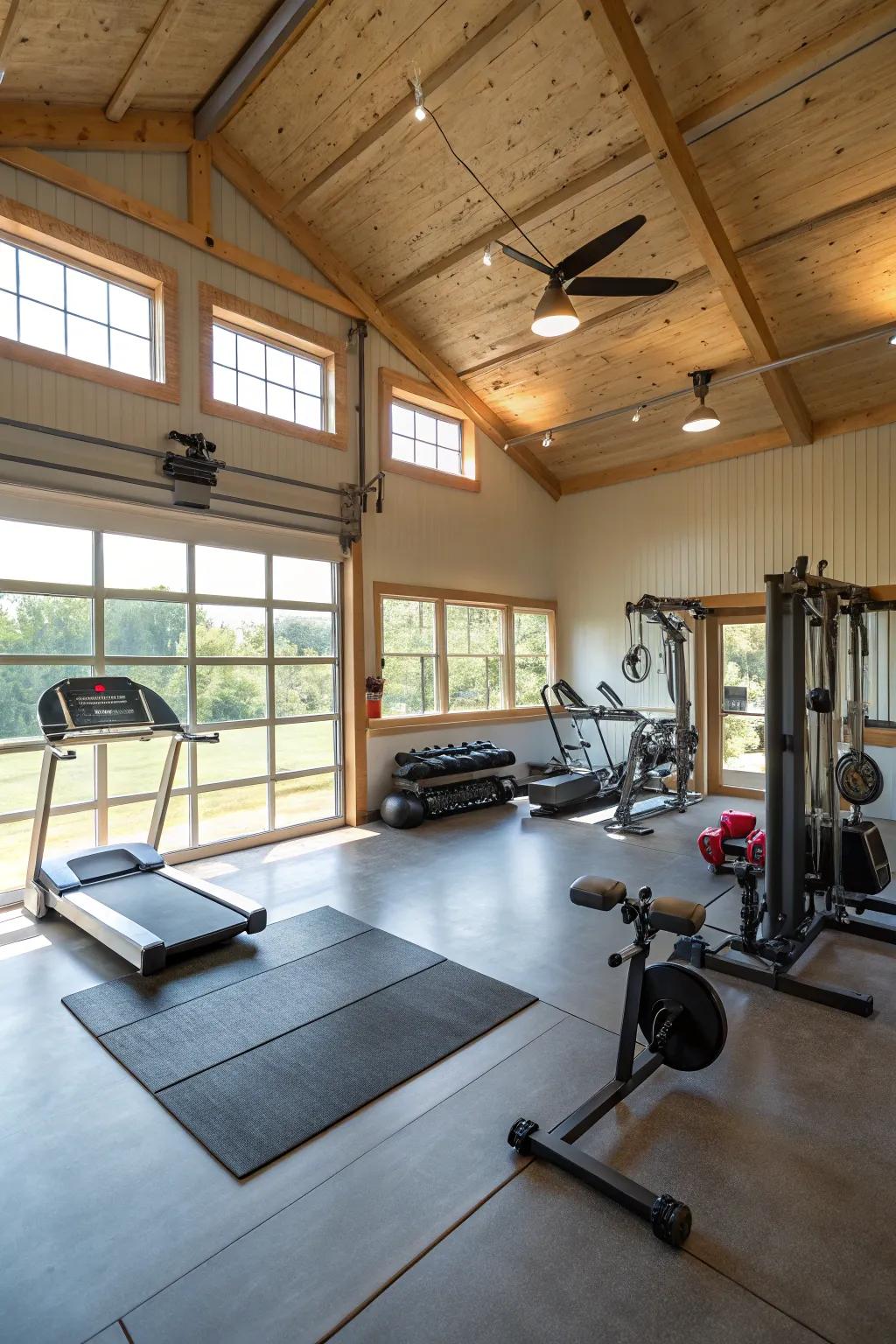 A personal fitness center inside a pole barn, complete with gym equipment and natural lighting.