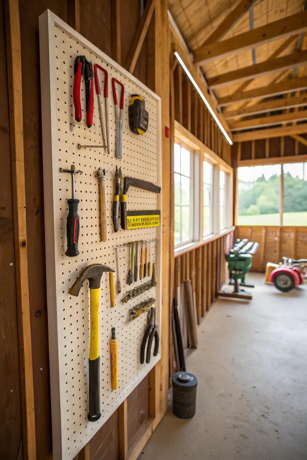 A pegboard keeps tools visible and well-organized.