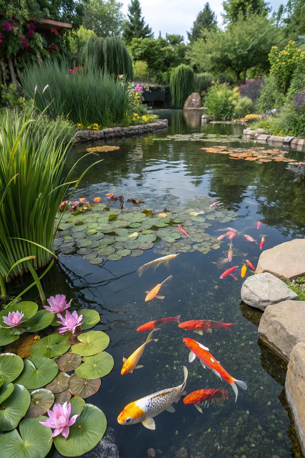 A pond brimming with vibrant fish, forming a lively ecosystem.